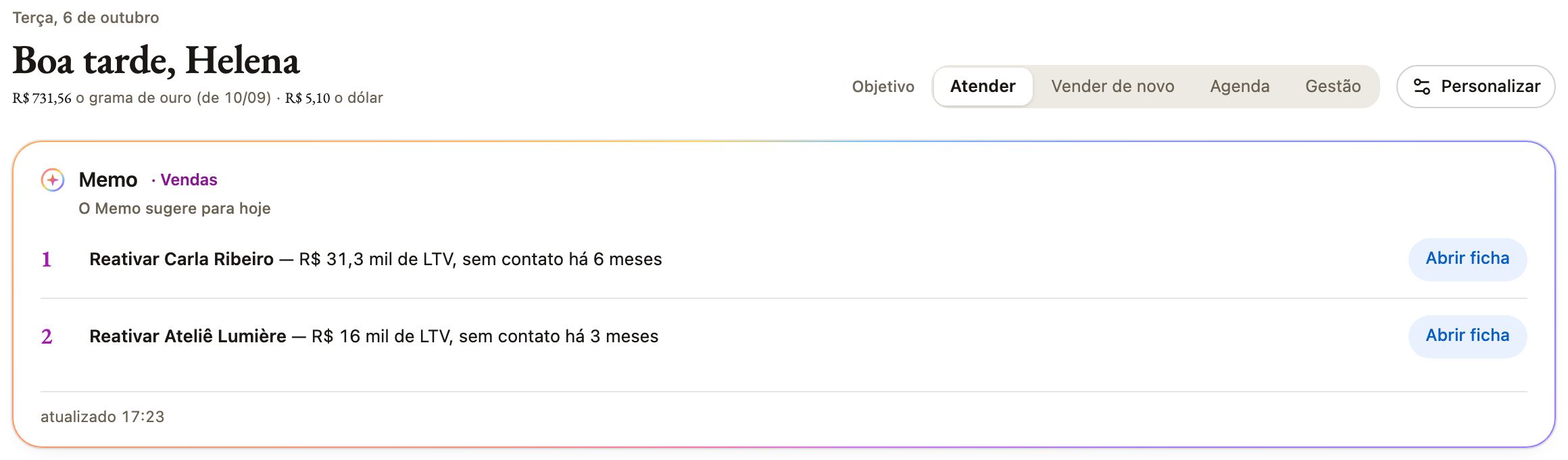 A leitura do dia no painel: quem retomar, com o valor de cada cliente.